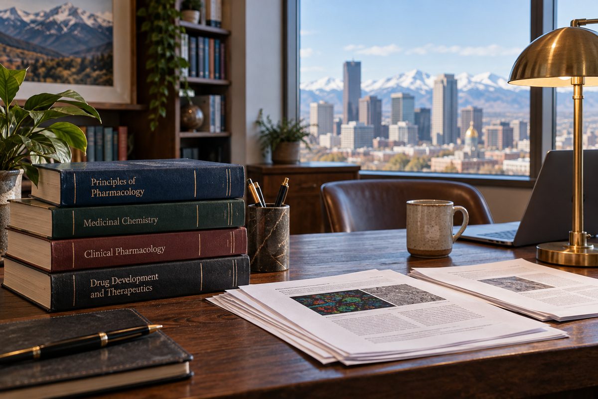 Reference consultation desk with bound pharmacology texts and editorial proofs in our Denver office.