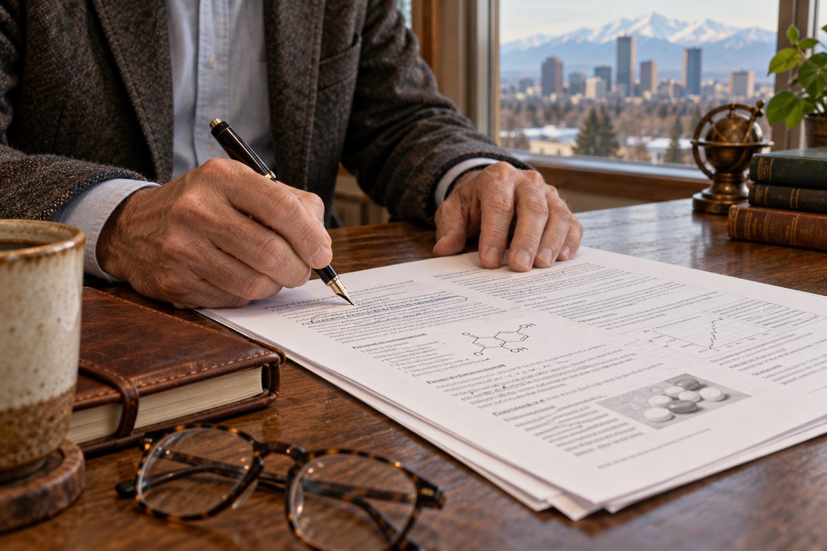 Hands reviewing and annotating a printed prescription reference monograph with a fountain pen.